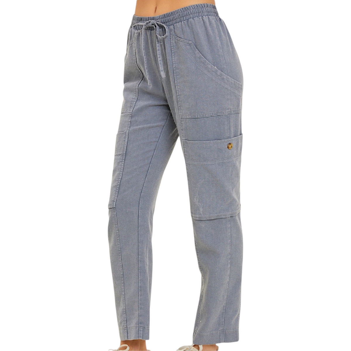 Plus Denim Blue Washed Linen Cargo Pants