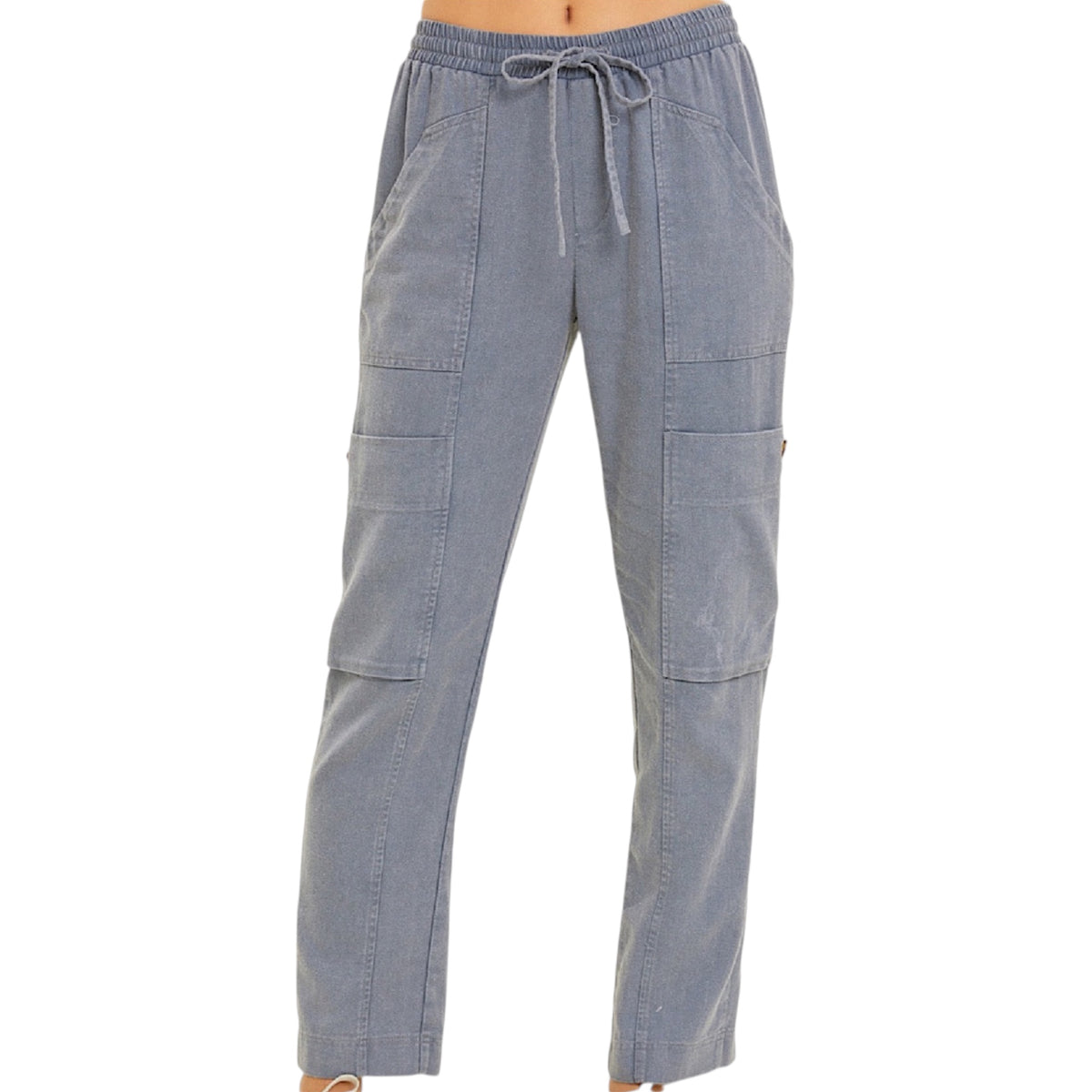 Plus Denim Blue Washed Linen Cargo Pants