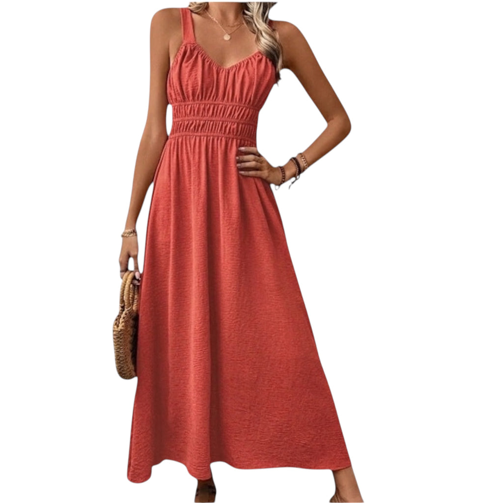 Paprika Red Pleated Sleeveless Maxi Dress