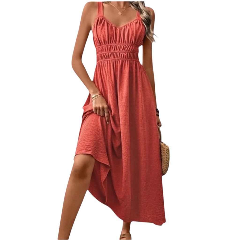 Paprika Red Pleated Sleeveless Maxi Dress