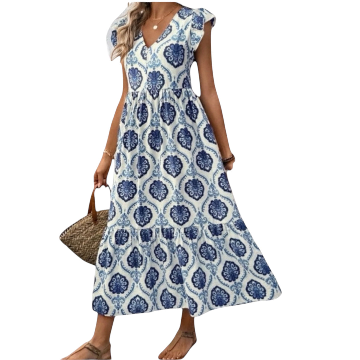 Blue Floral V-Neck Maxi Dress