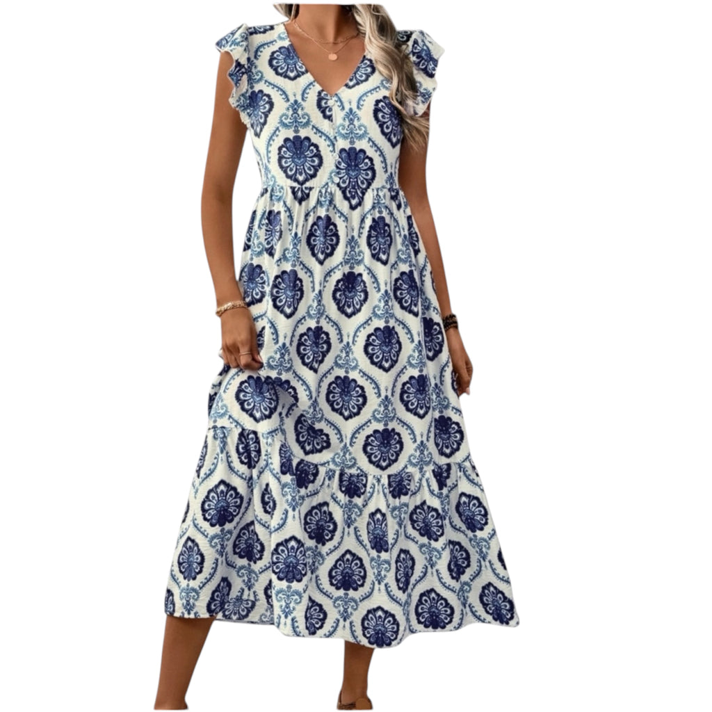Blue Floral V-Neck Maxi Dress