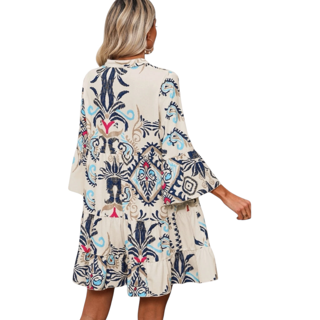 Cream Bohemian Mixed Print Dress