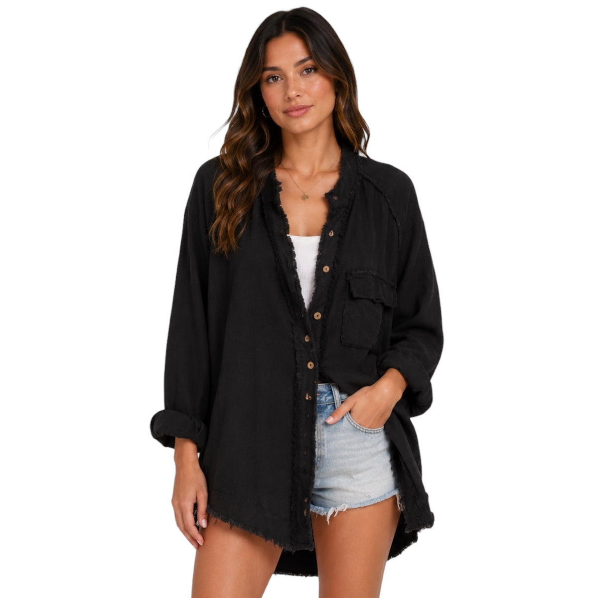 Black Double Gauze Raw Edge V-Neck Tunic Top