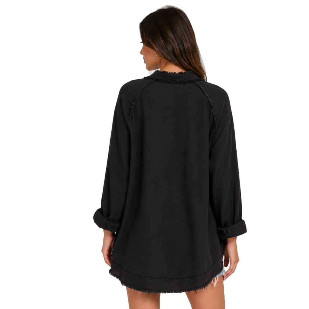 Black Double Gauze Raw Edge V-Neck Tunic Top