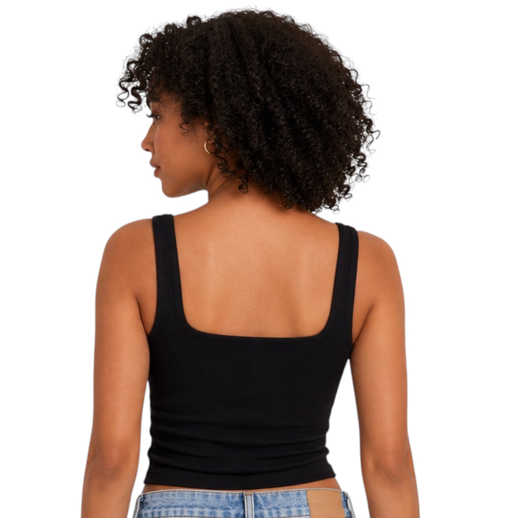 Black Double Lined Ribbed Square Neck Cropped Tank