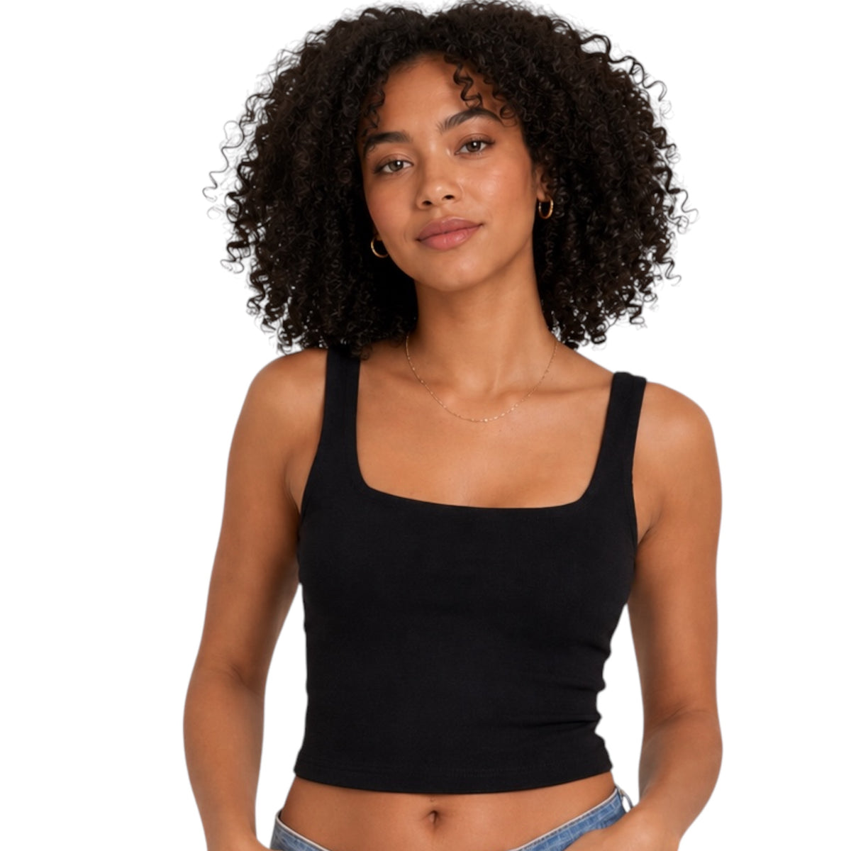 Black Double Lined Ribbed Square Neck Cropped Tank