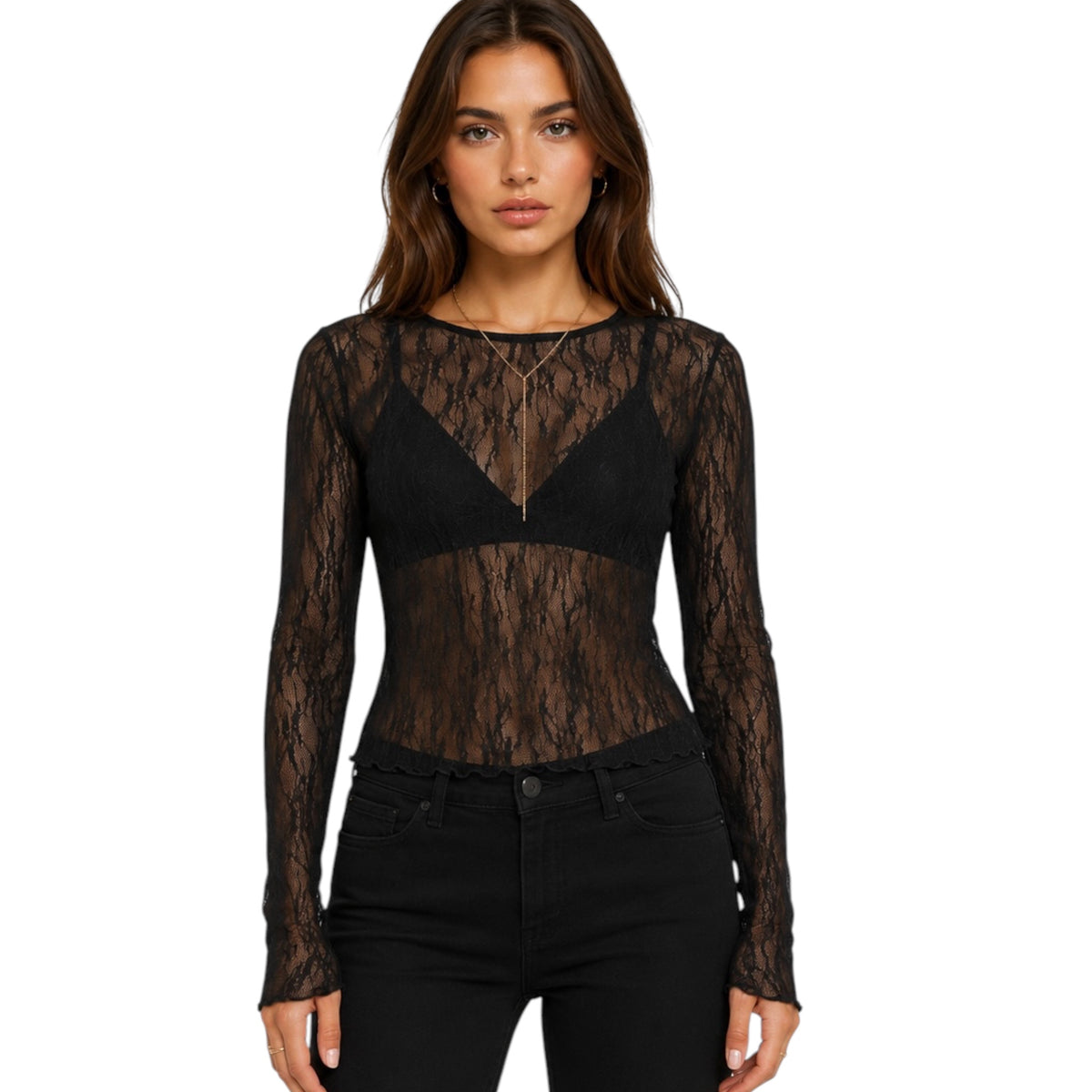 Black Lace Textured Long Sleeve Top