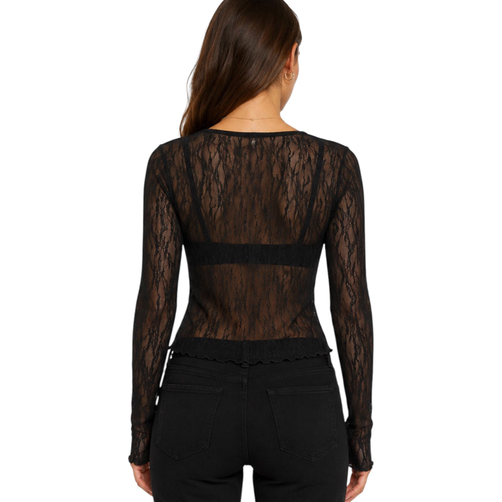 Black Lace Textured Long Sleeve Top