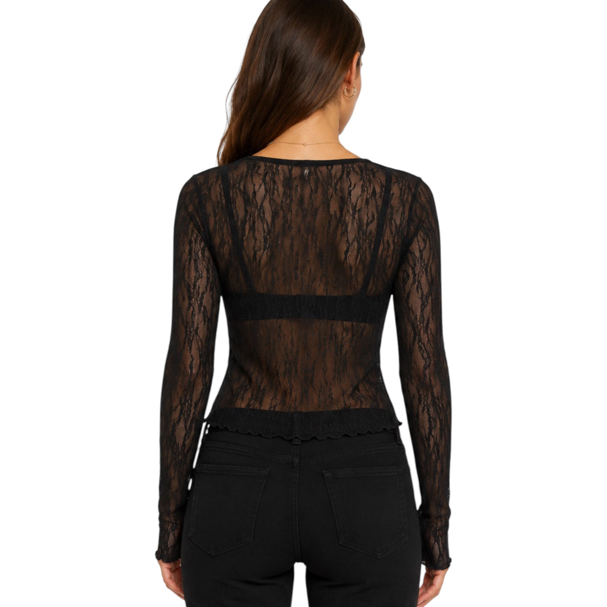 Black Lace Textured Long Sleeve Top