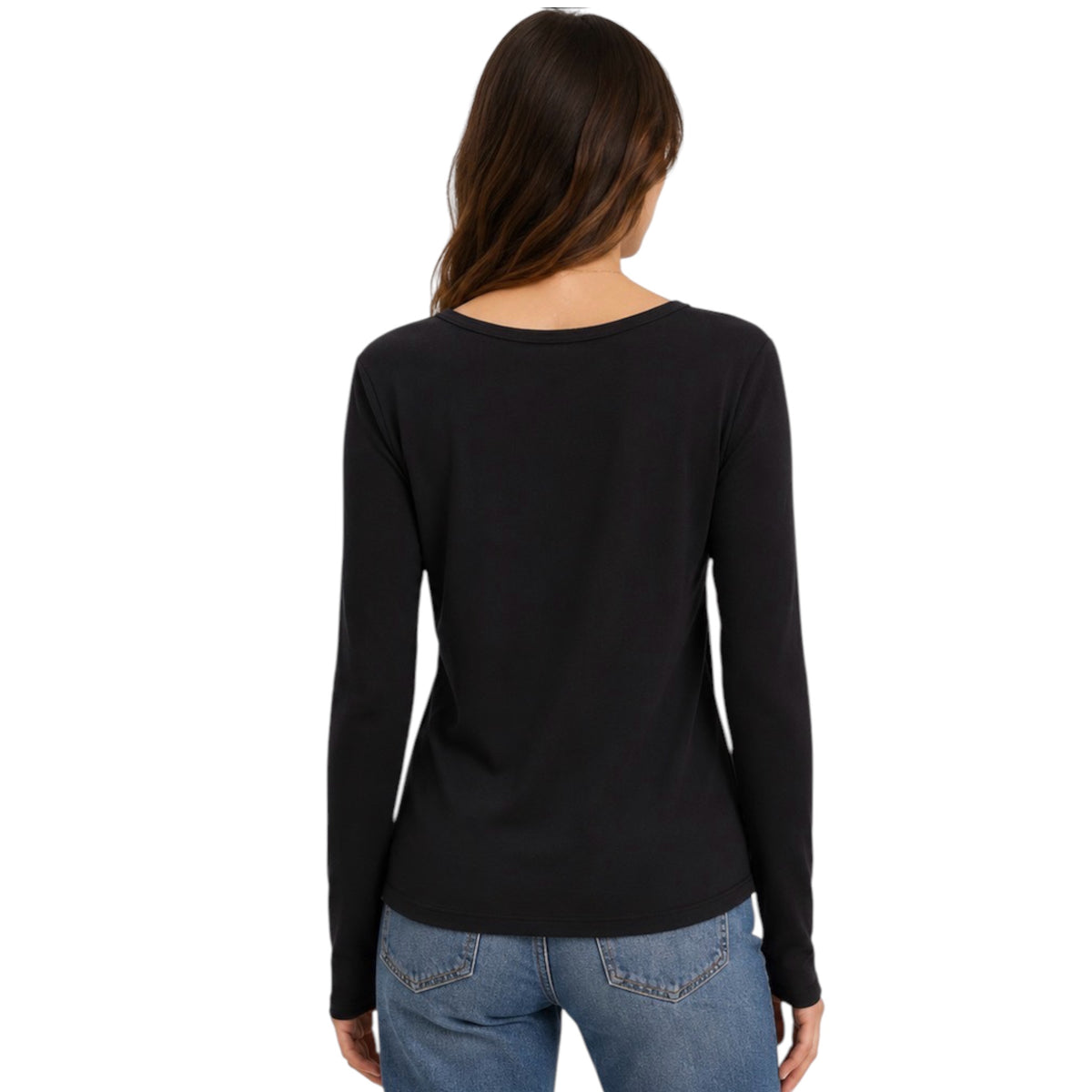 Black Soft Basic Split Neck Long Sleeve Knit Tee