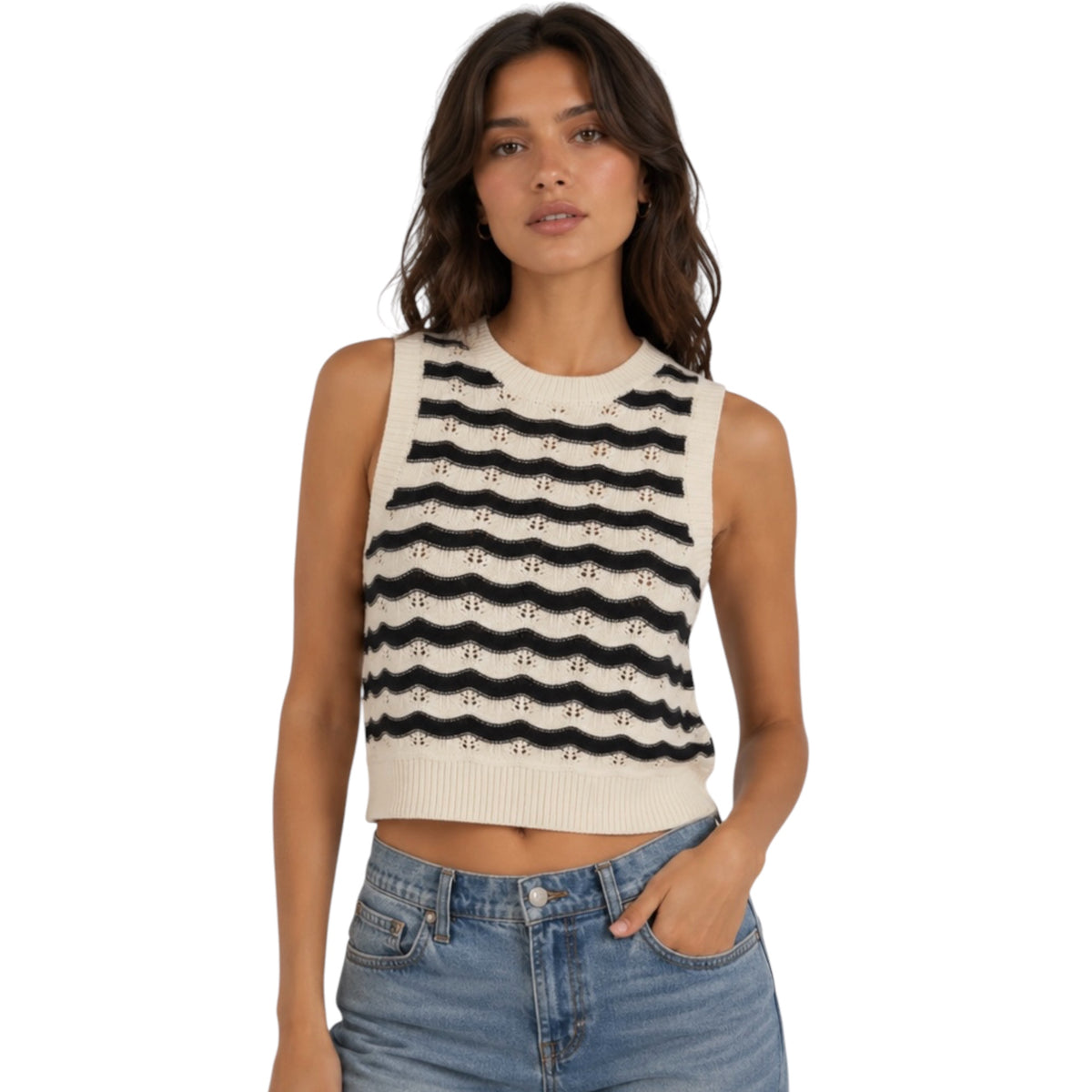Black/Cream Crop Wave Crochet Knit Sleeveless Tank