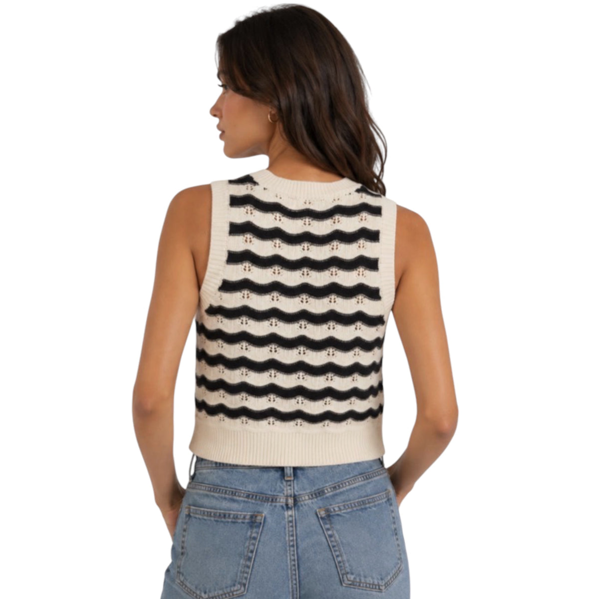 Black/Cream Crop Wave Crochet Knit Sleeveless Tank