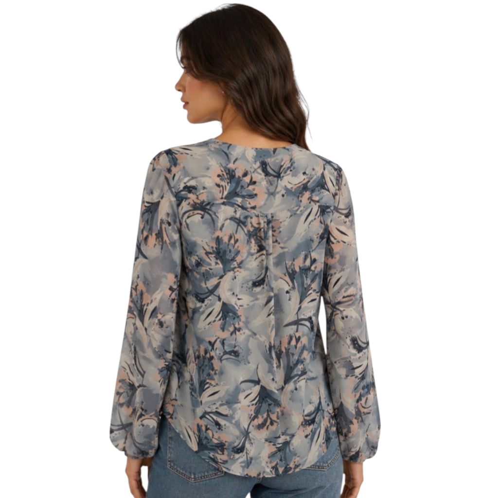 Blue Floral Print Bubble Sleeve Top