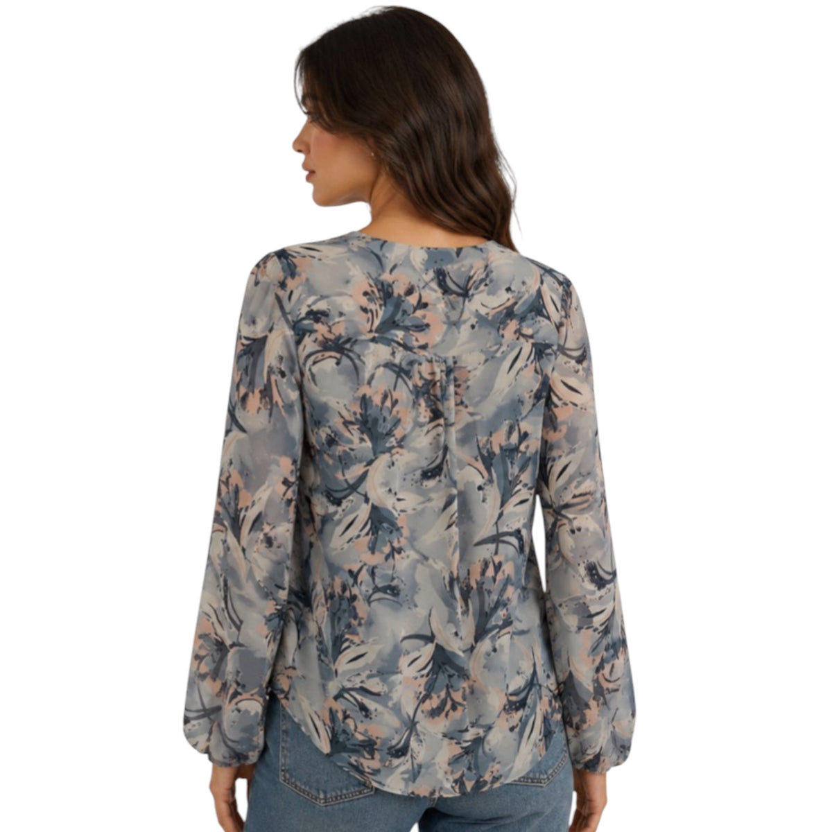Blue Floral Print Bubble Sleeve Top