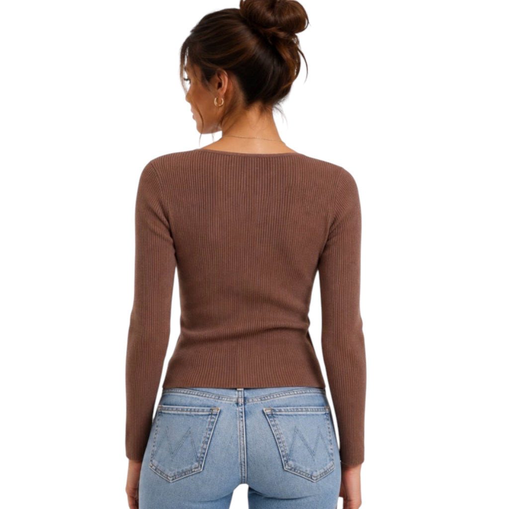 Cocoa Square Neck Long Sleeve Ribbed Knit Top
