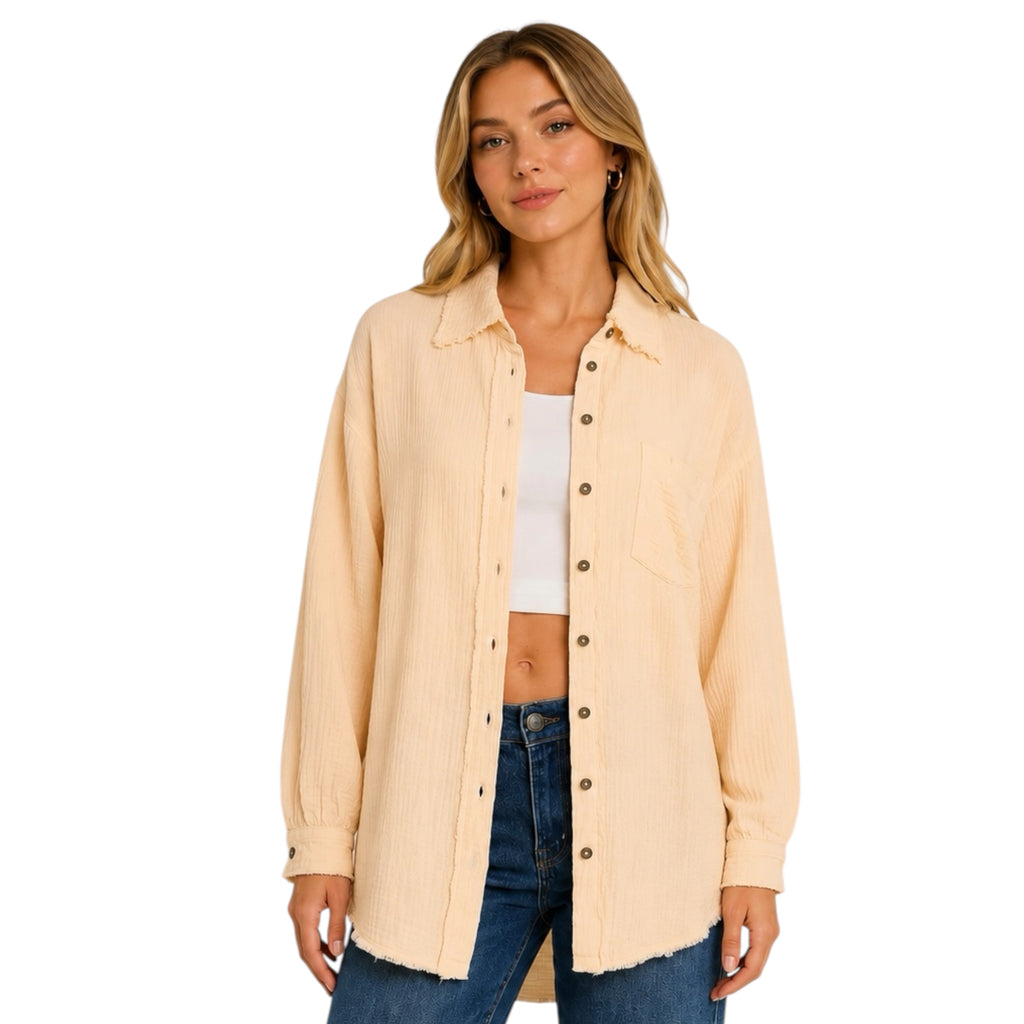 Cream Beige Double Gauze Oversized Raw Edge Shirt