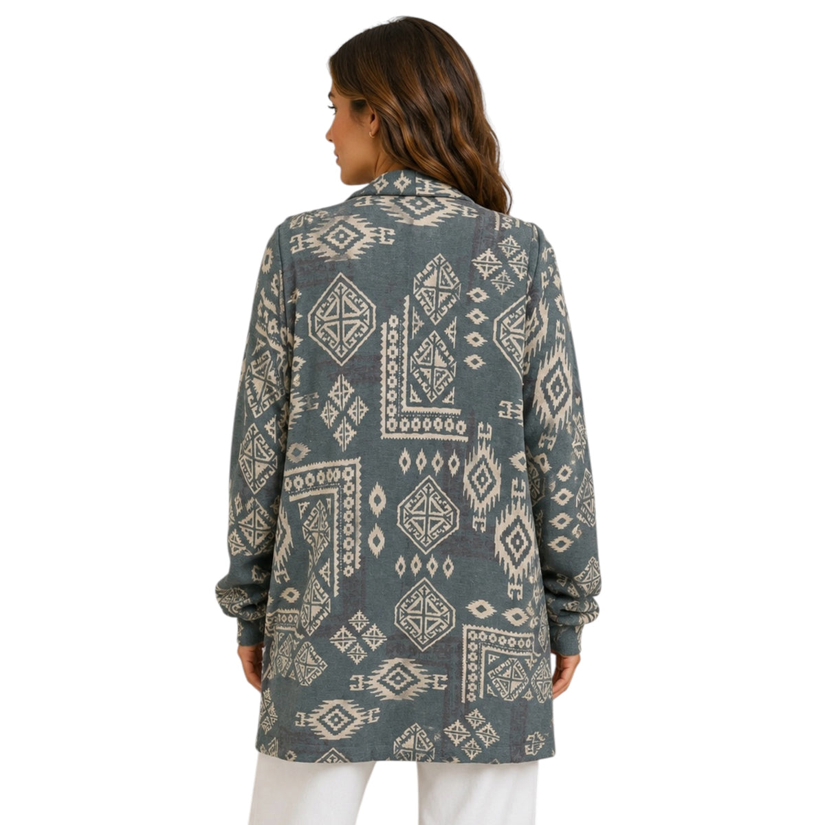 Green Ethnic Print Open Front Cardigan