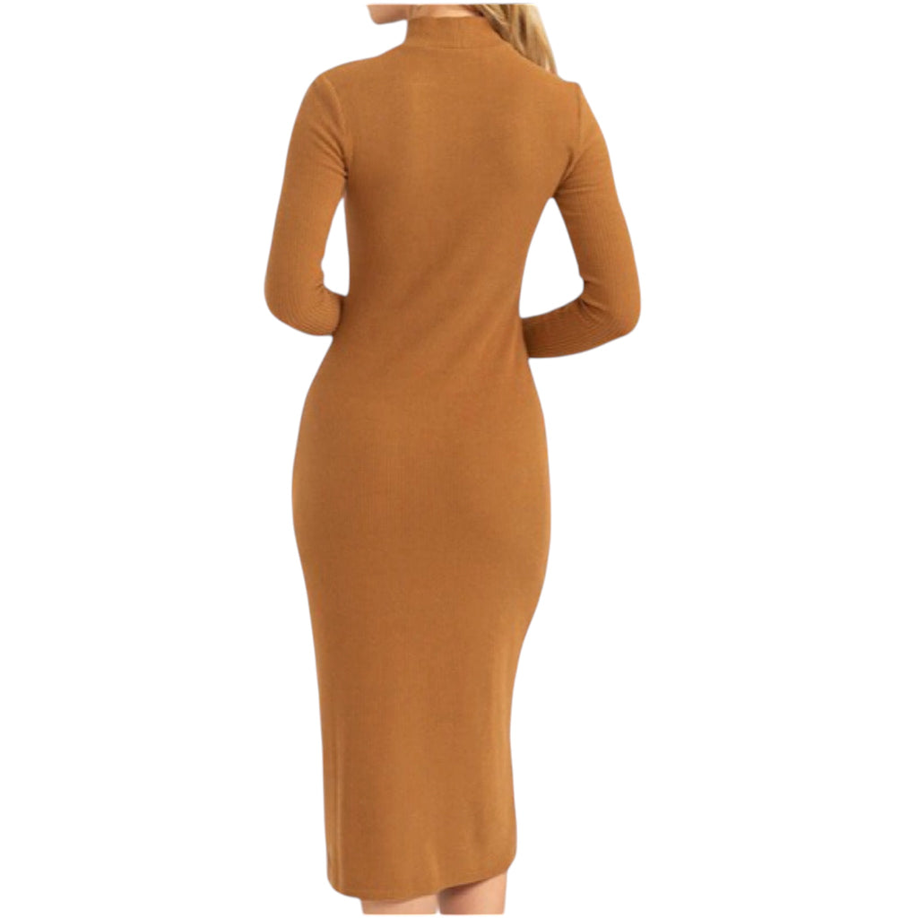 Brown Ribbed High Neck Midi Dress