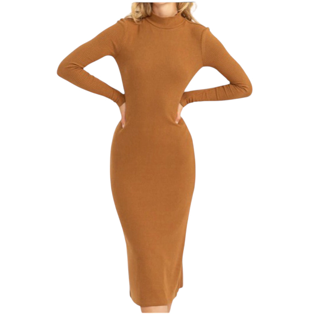Brown Ribbed High Neck Midi Dress