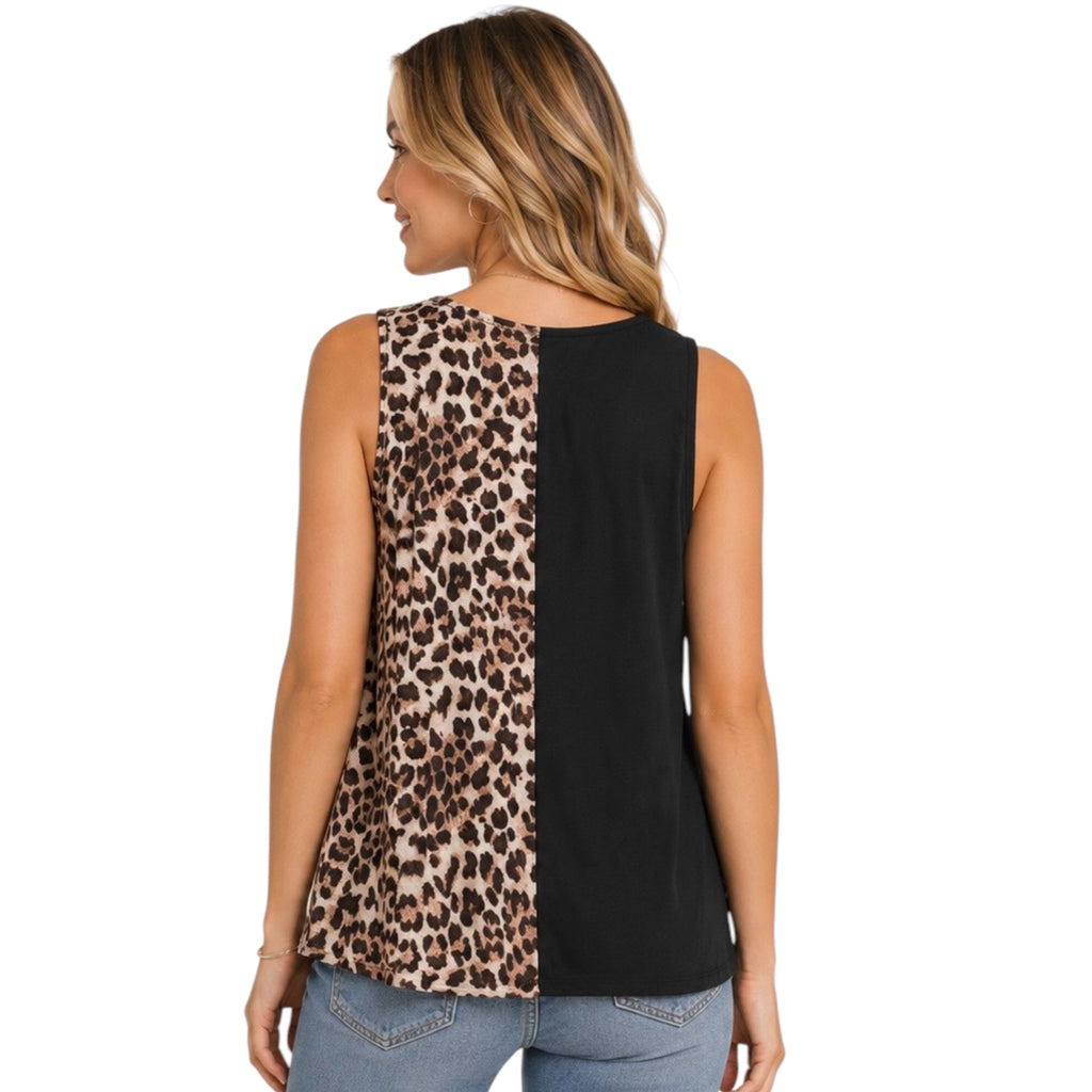 Leopard Print Color Block V Neck Top