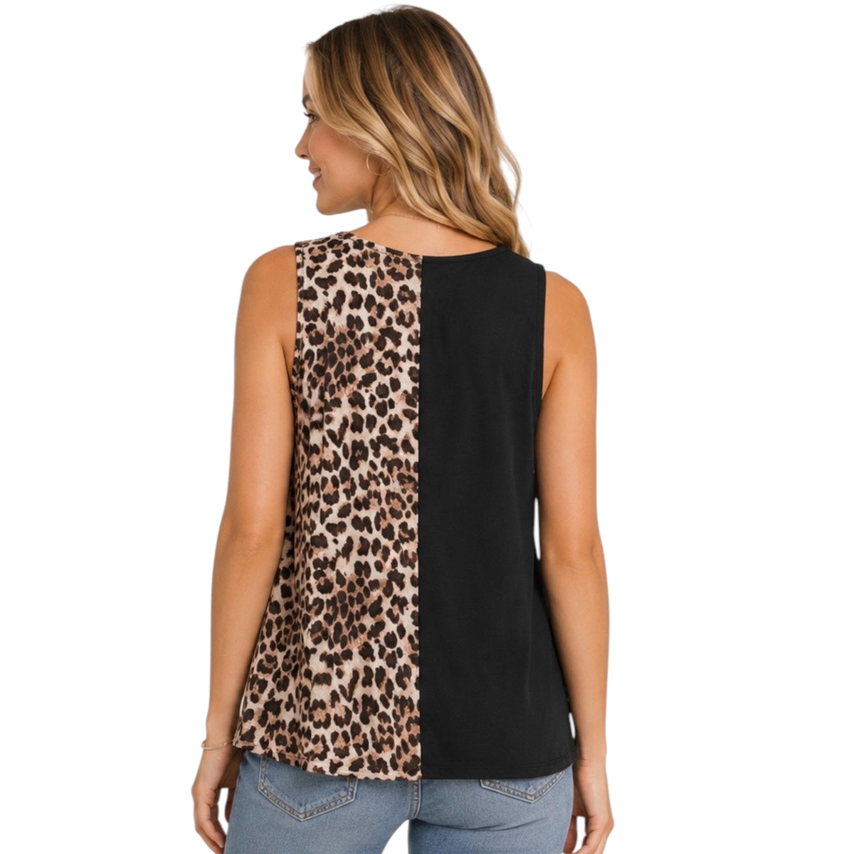Leopard Print Color Block V Neck Top