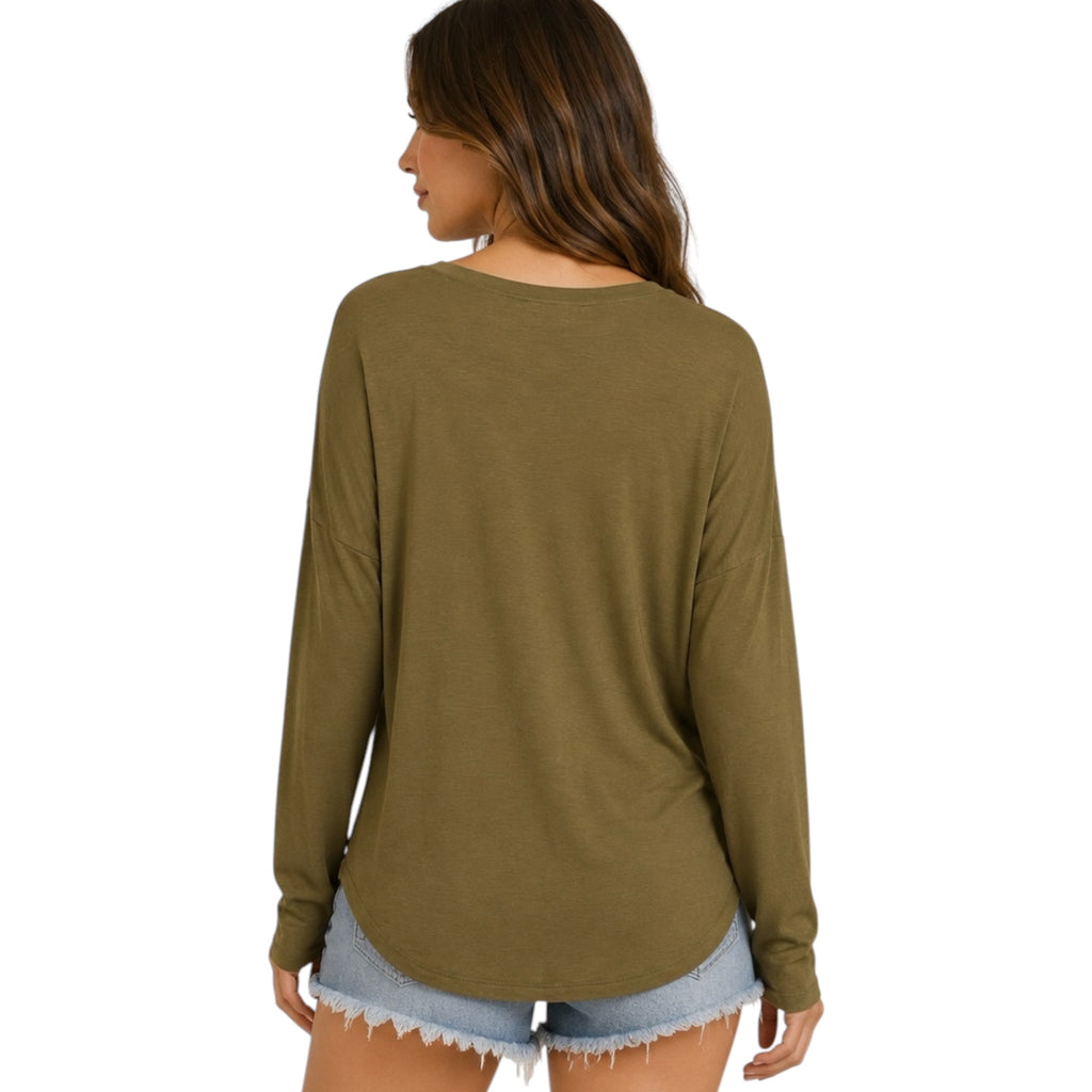 Moss Round Neck Long Sleeve Curved Hem Top