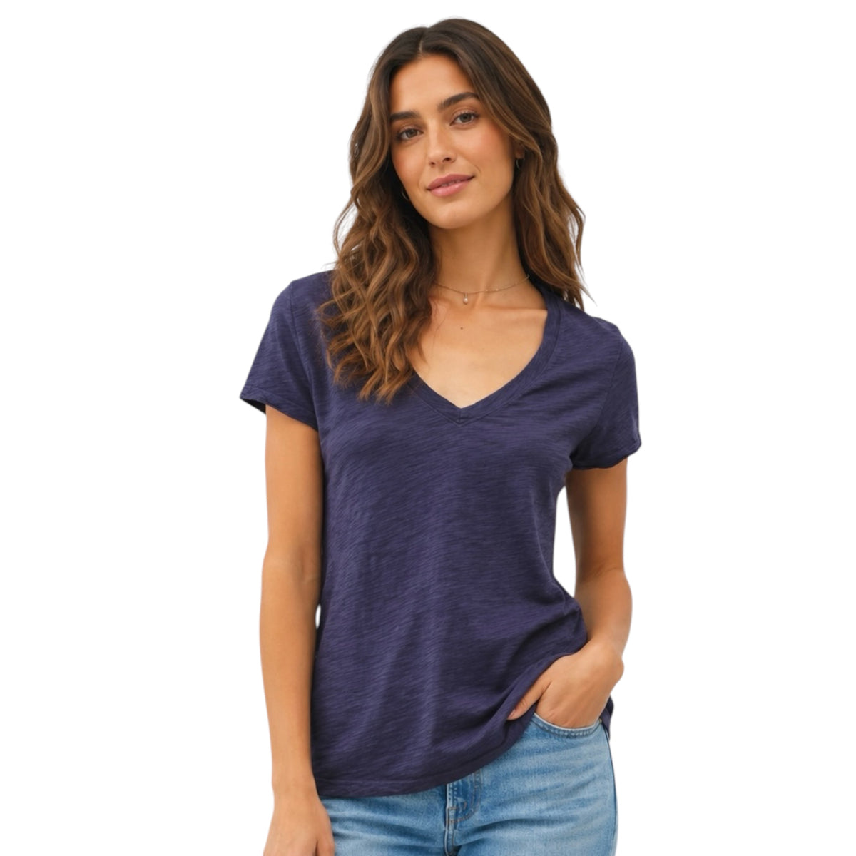 New Navy Classic V-Neck Tee with Raw Trim Sleeves