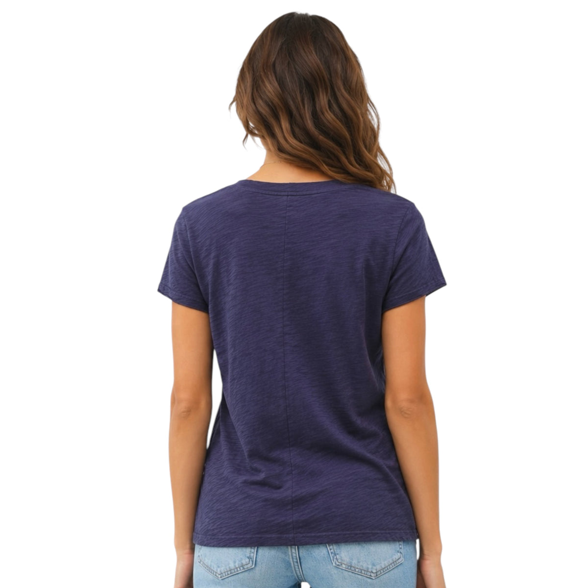 New Navy Classic V-Neck Tee with Raw Trim Sleeves