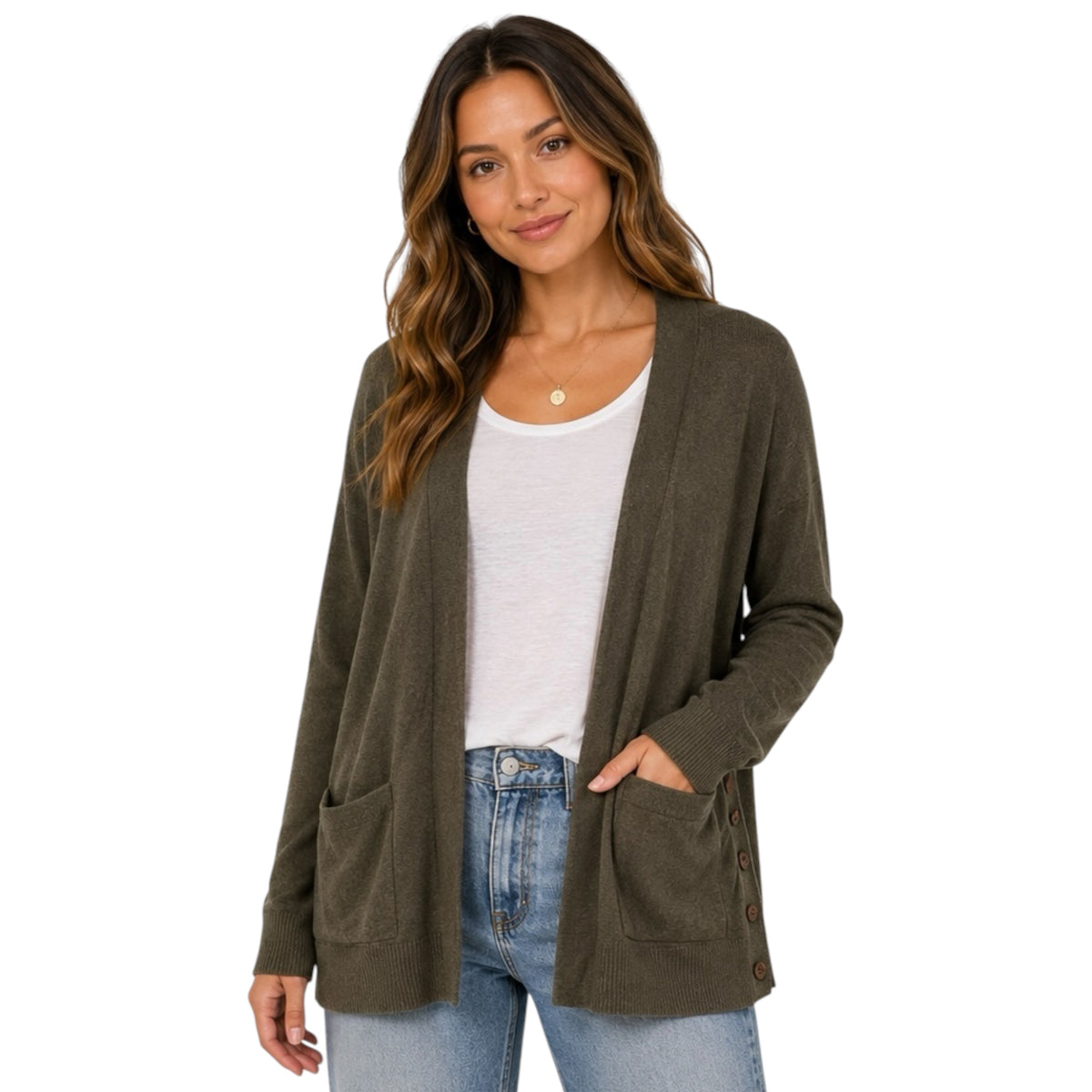 Olive Side Button Detail Cardigan