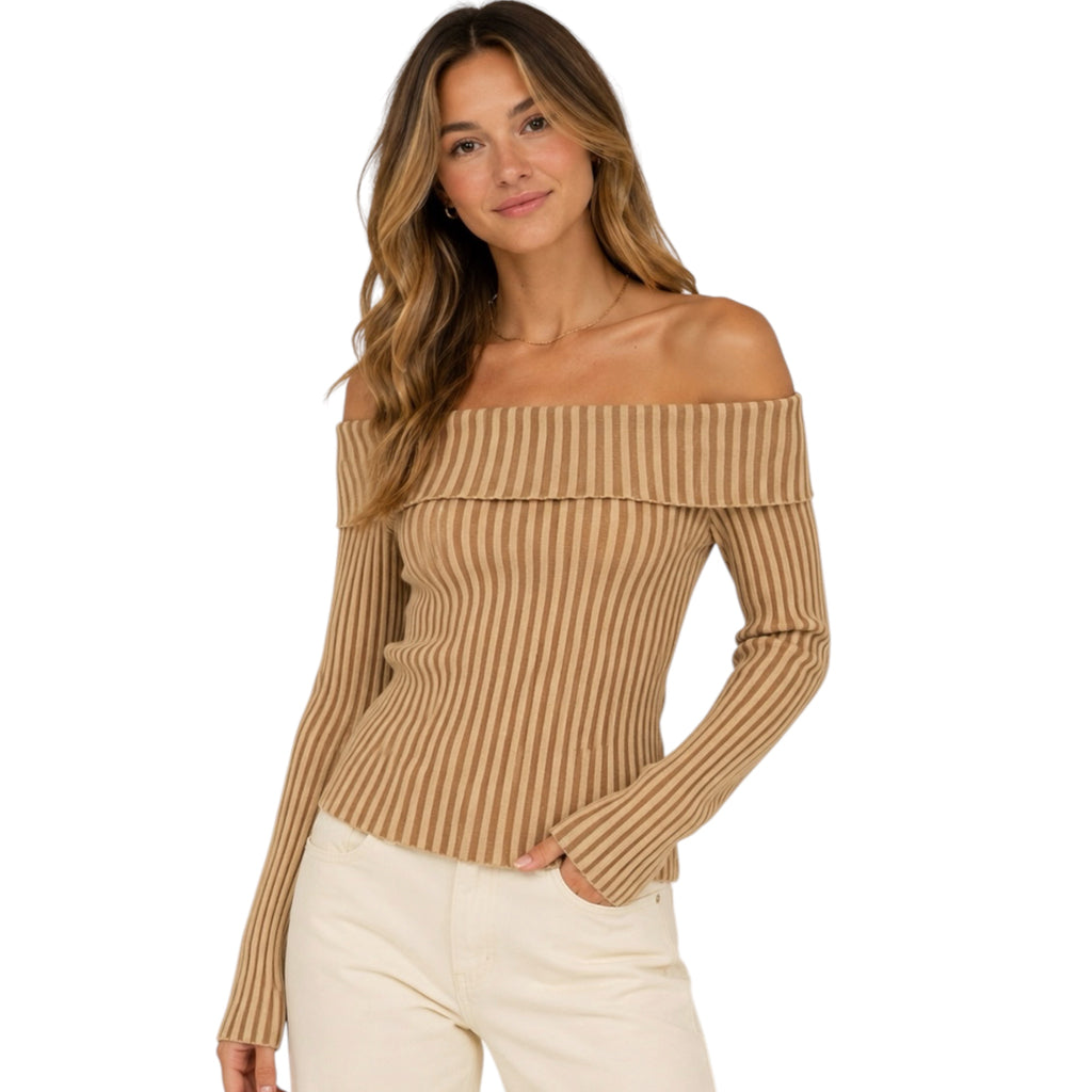 Taupe Off Shoulder Ribbed Knit Long Sleeve Top