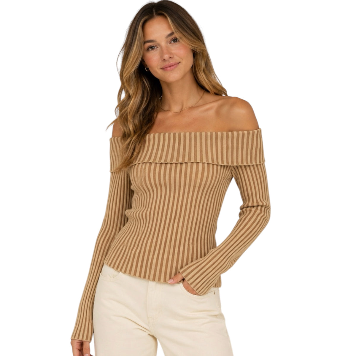 Taupe Off Shoulder Ribbed Knit Long Sleeve Top