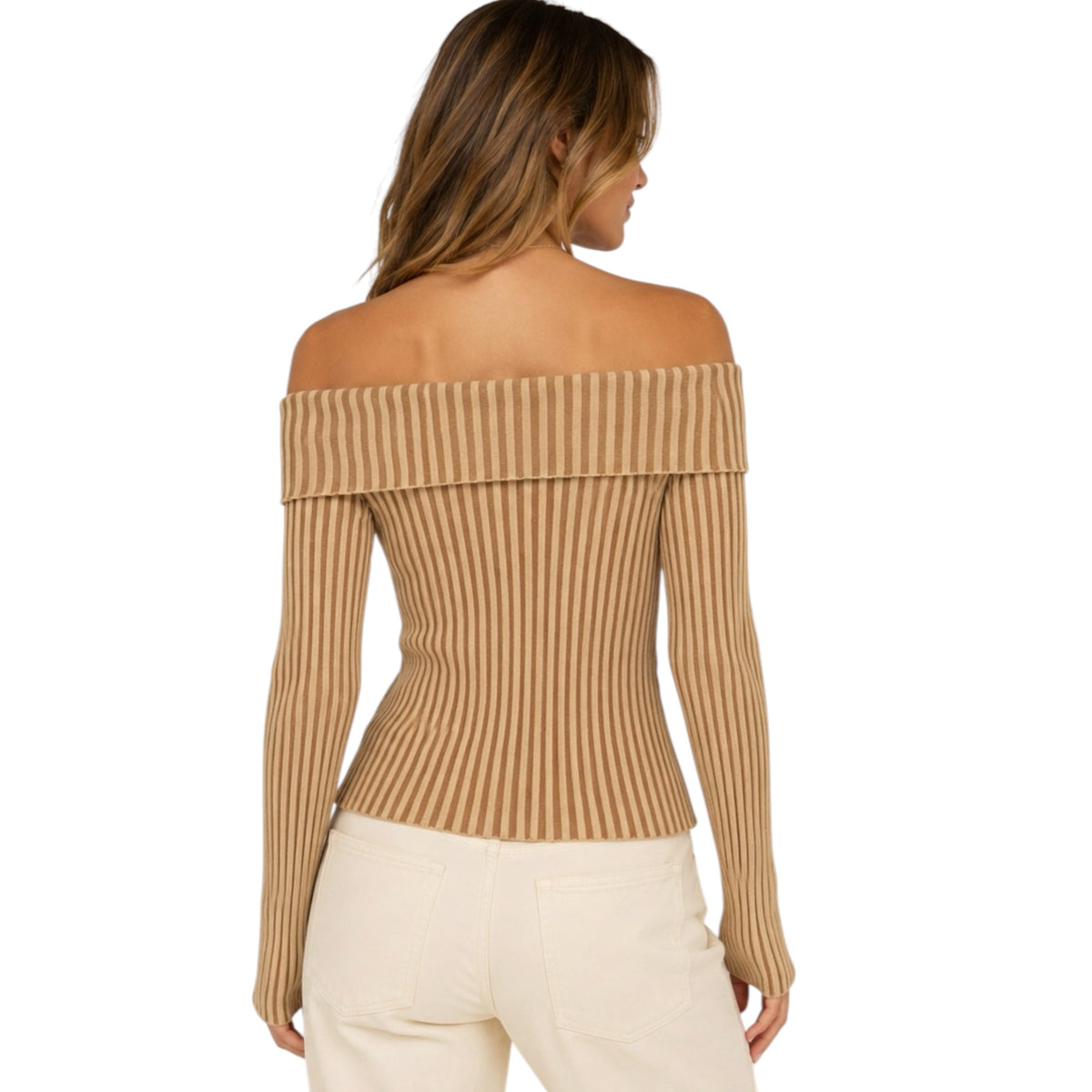 Taupe Off Shoulder Ribbed Knit Long Sleeve Top