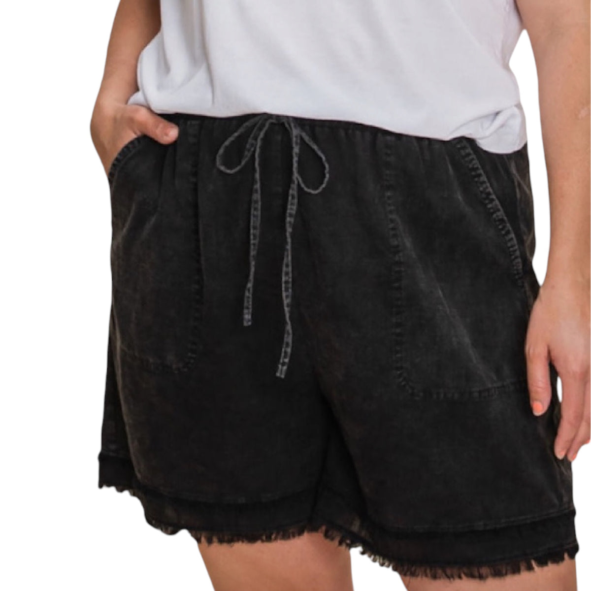 Black Curvy Cotton Slub Frayed Shorts