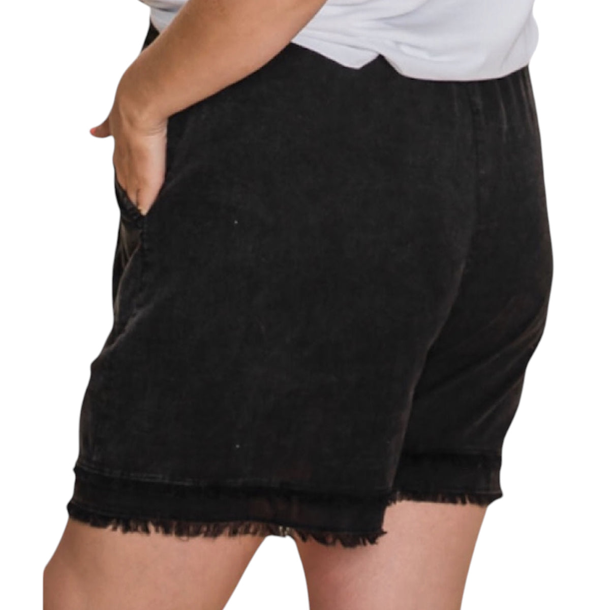 Black Curvy Cotton Slub Frayed Shorts