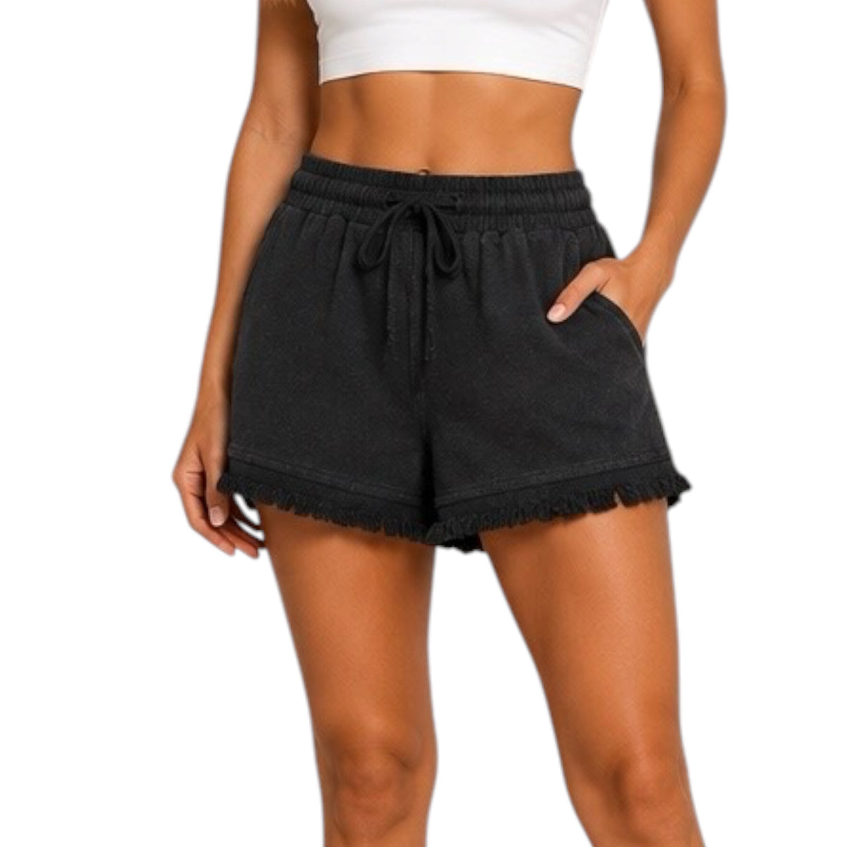 Black Linen Frayed Short