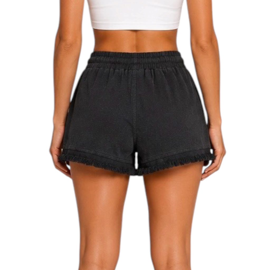 Black Linen Frayed Short