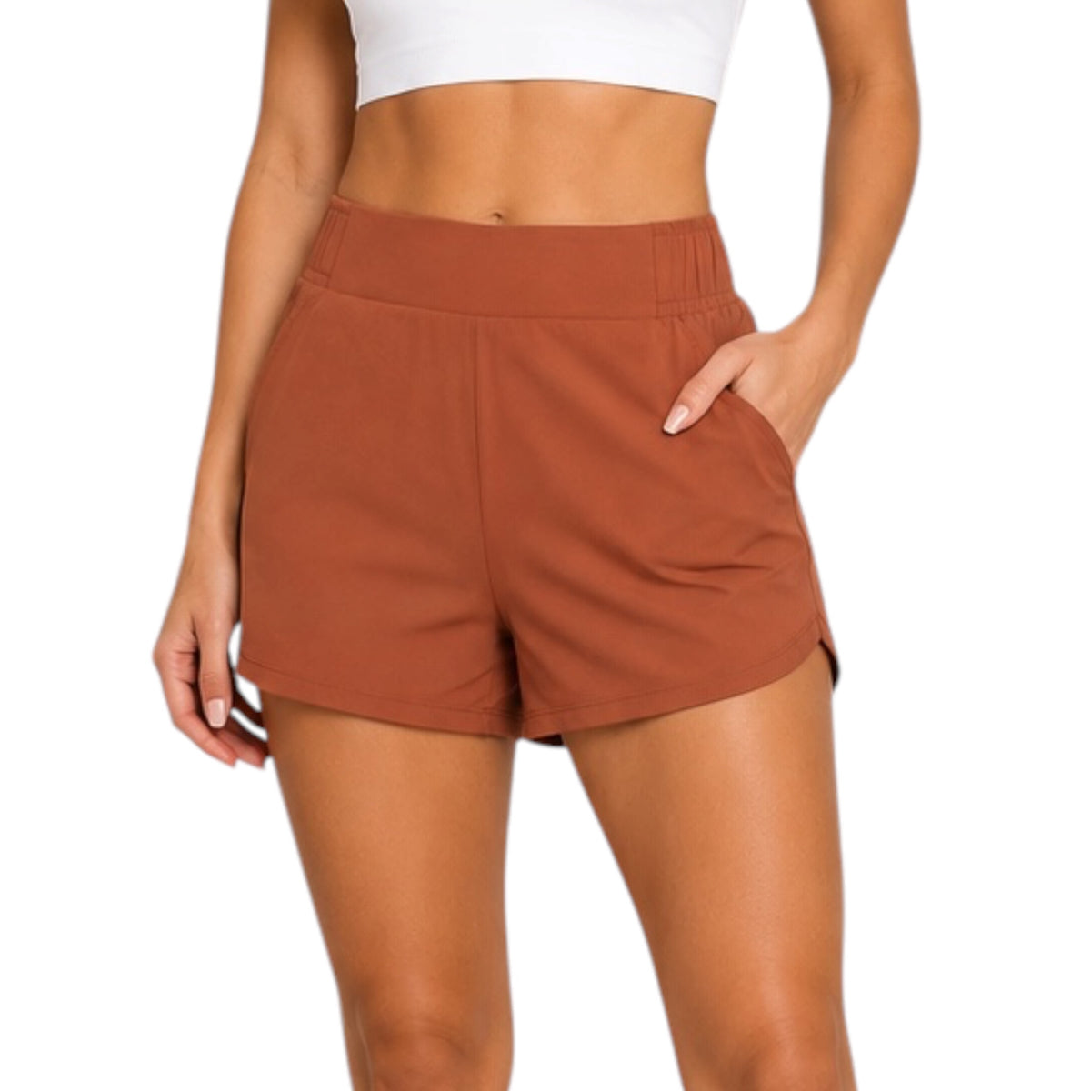 Brown Patina Athleisure Shorts with Curved Hemline
