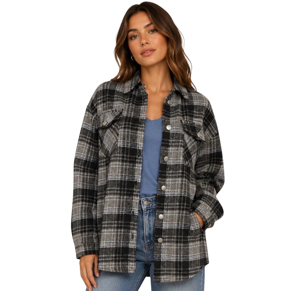 Black Plaid Button Down Shacket with Chest Pockets