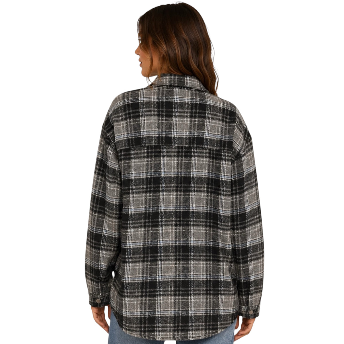 Black Plaid Button Down Shacket with Chest Pockets