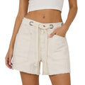 Ecru Distress Hem Braided Drawstring Shorts
