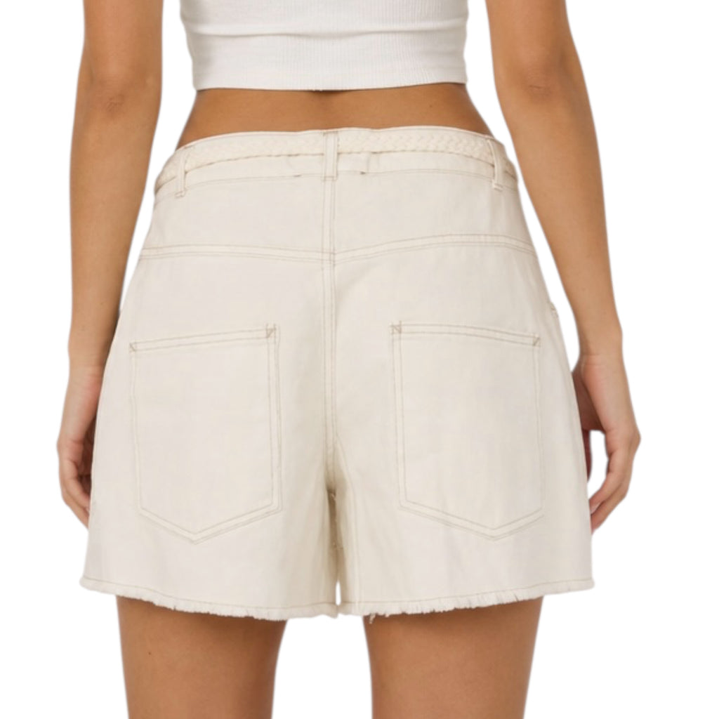 Ecru Distress Hem Braided Drawstring Shorts