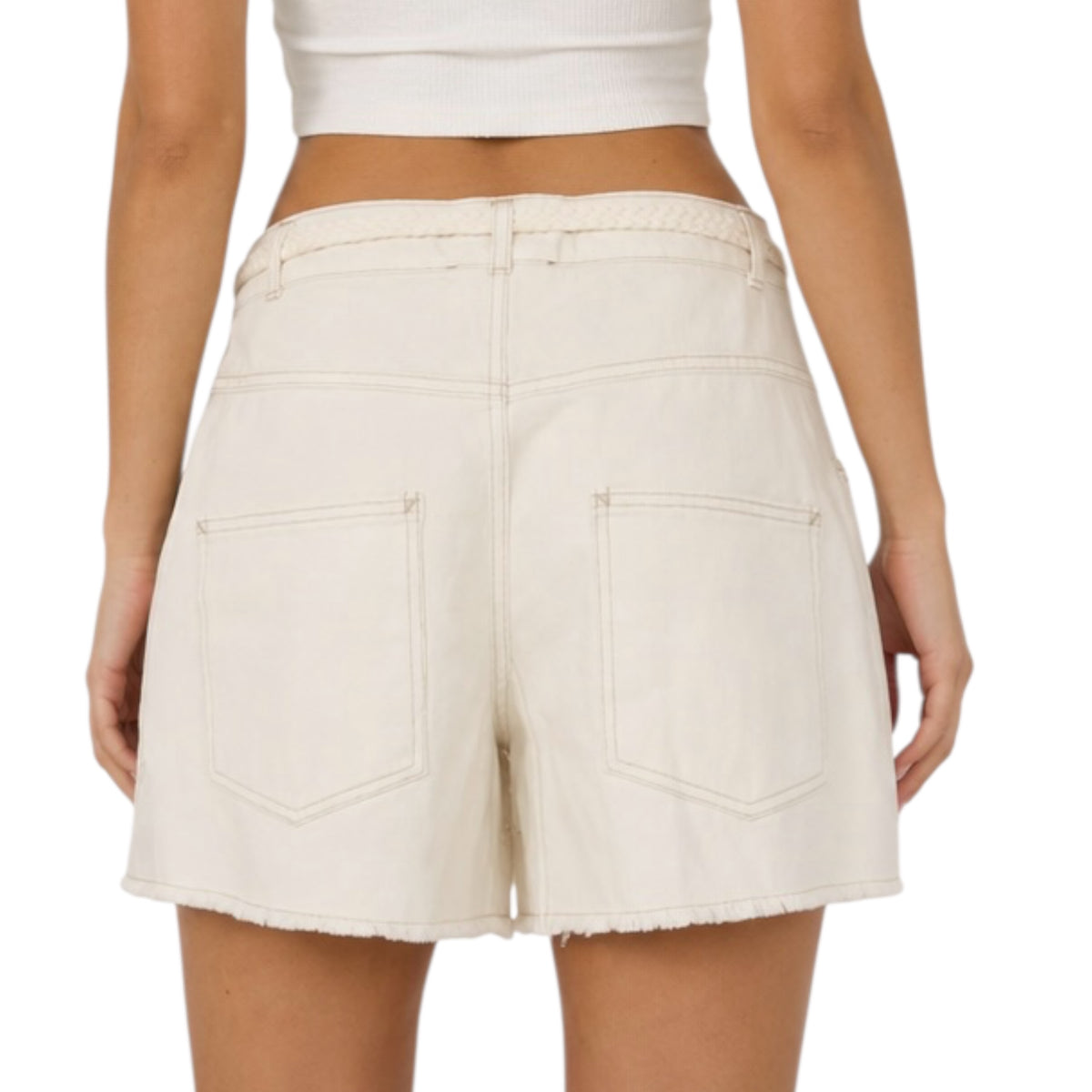 Ecru Distress Hem Braided Drawstring Shorts