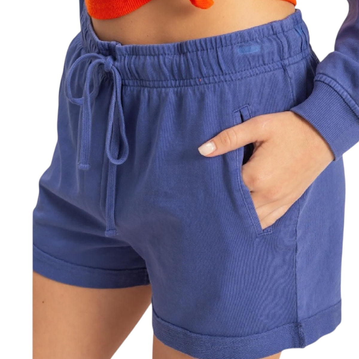 Dusty Indigo Raw Edge Drawstring Shorts
