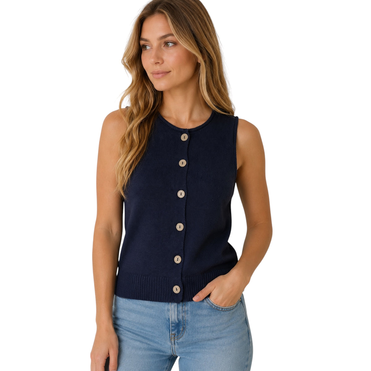 Navy Raw Edge Button Down Knit Cardigan Vest