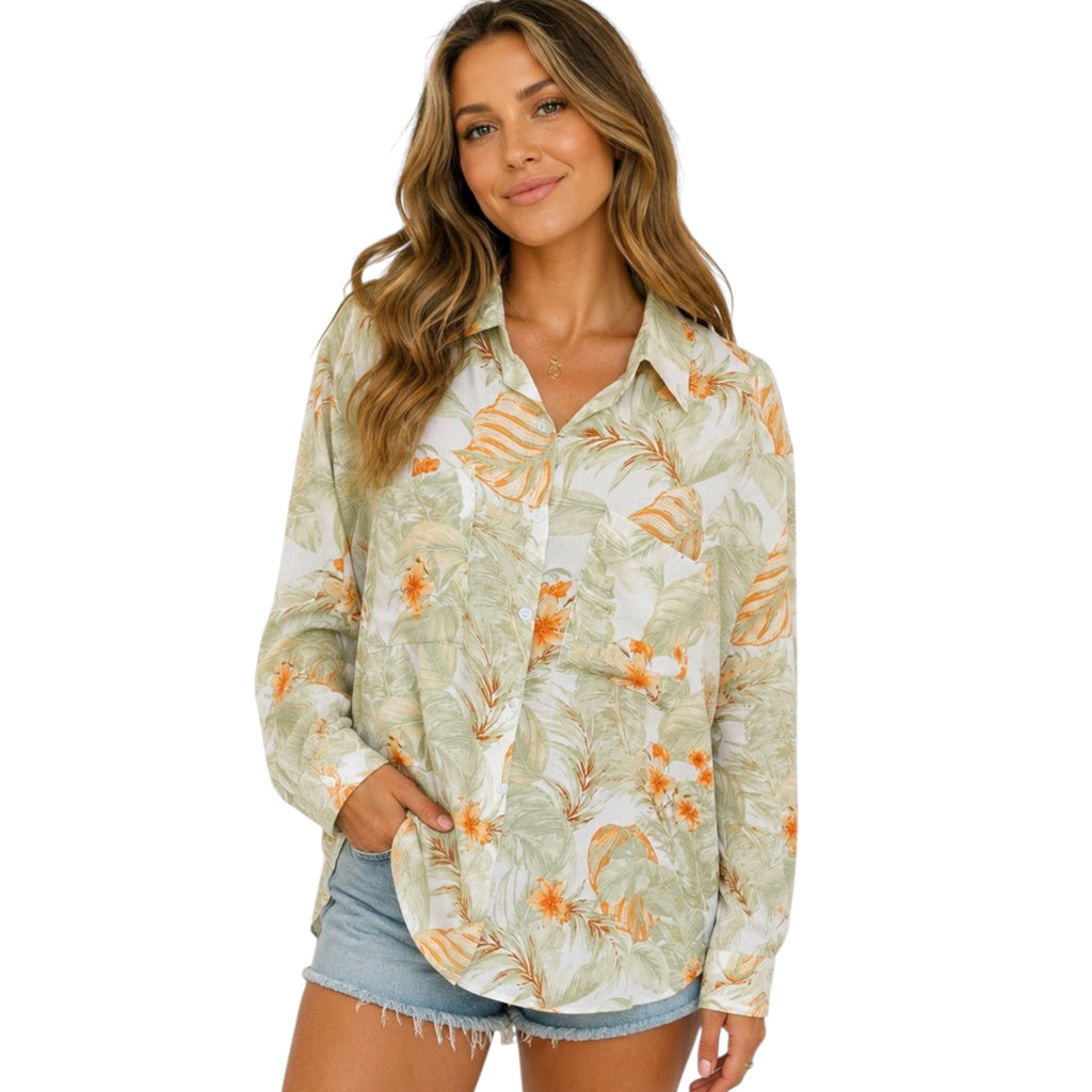 Ivory Leaf Print Button Up