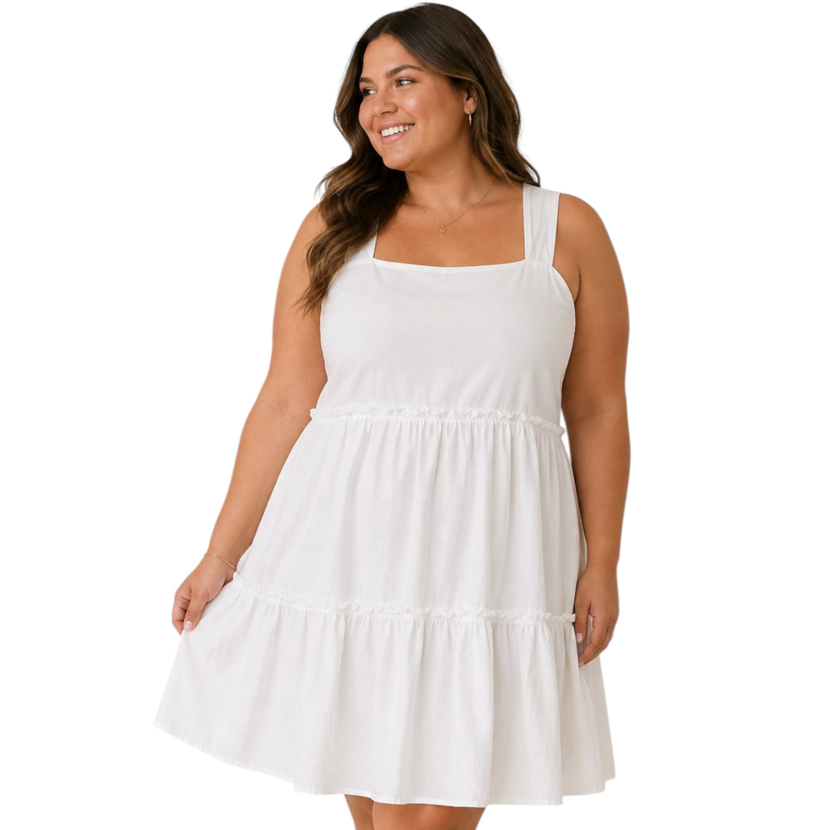 Plus Off White Square Neck Tiered Mini Sundress with Ruffles