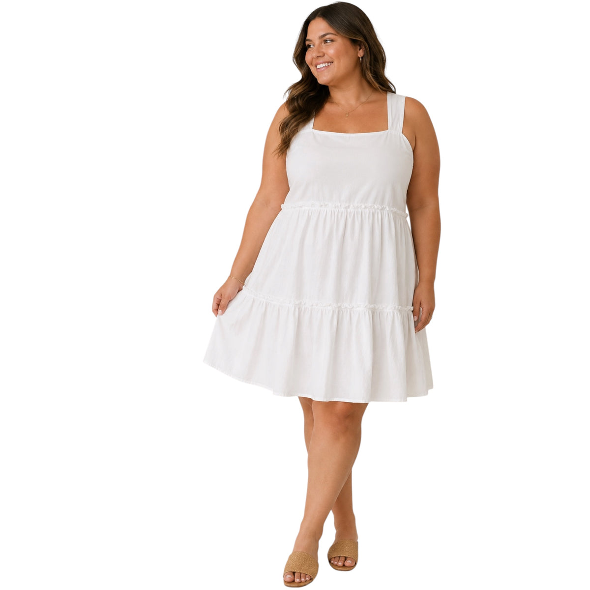Plus Off White Square Neck Tiered Mini Sundress with Ruffles