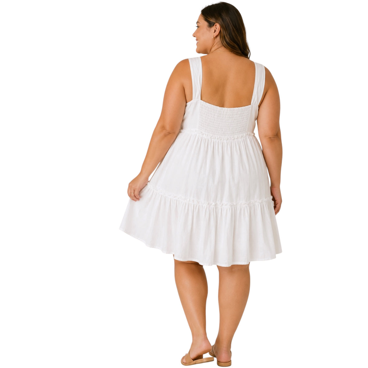 Plus Off White Square Neck Tiered Mini Sundress with Ruffles