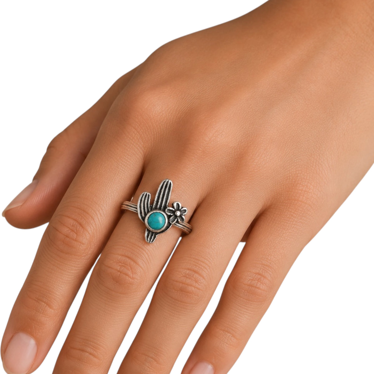 Sterling Silver Cactus Flower Turq Stone Ring